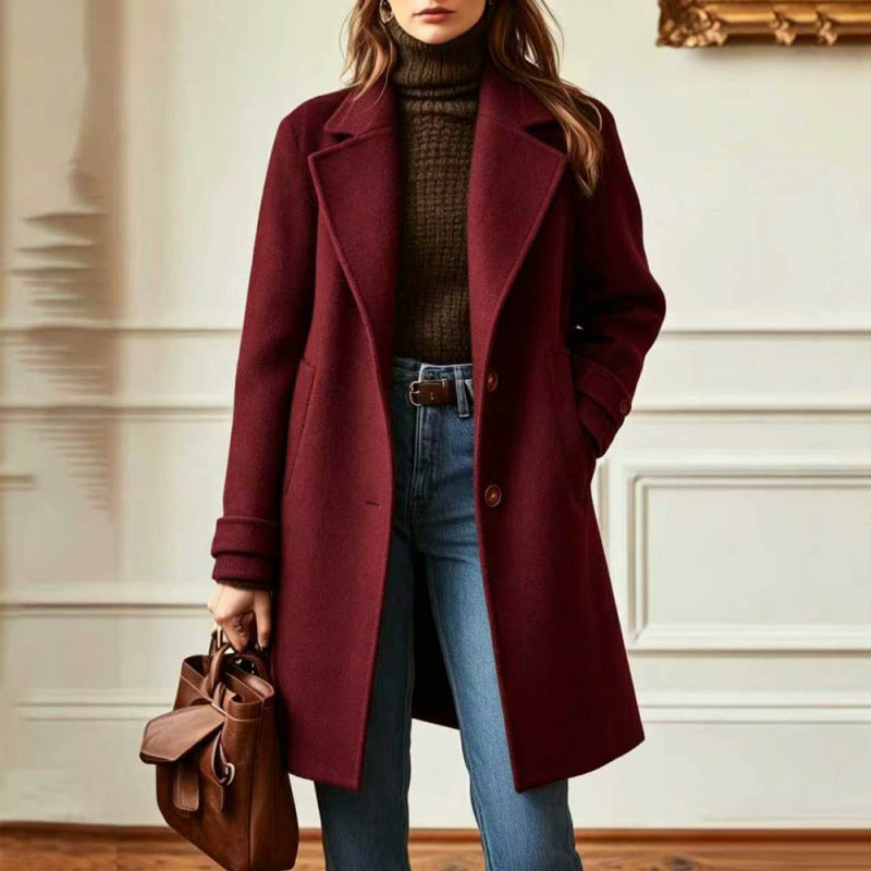 Elegant Midi-length Single-breasted Solid-color Wool Coat With A Lapel