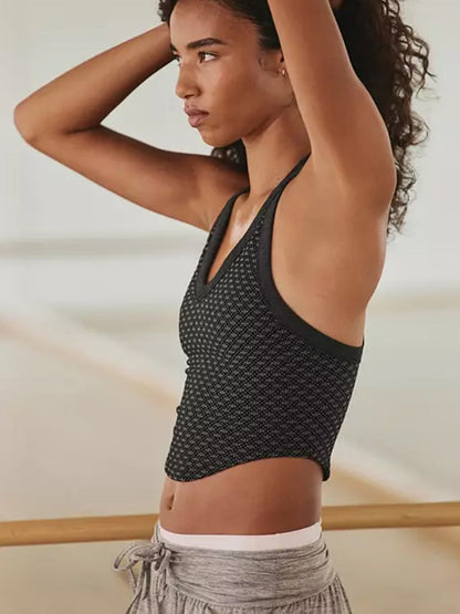 Jacquard Yoga Tank Top, Racerback Sports Bra With Padded Cups, Side Breast Support, V-Neck Sports Brassiere