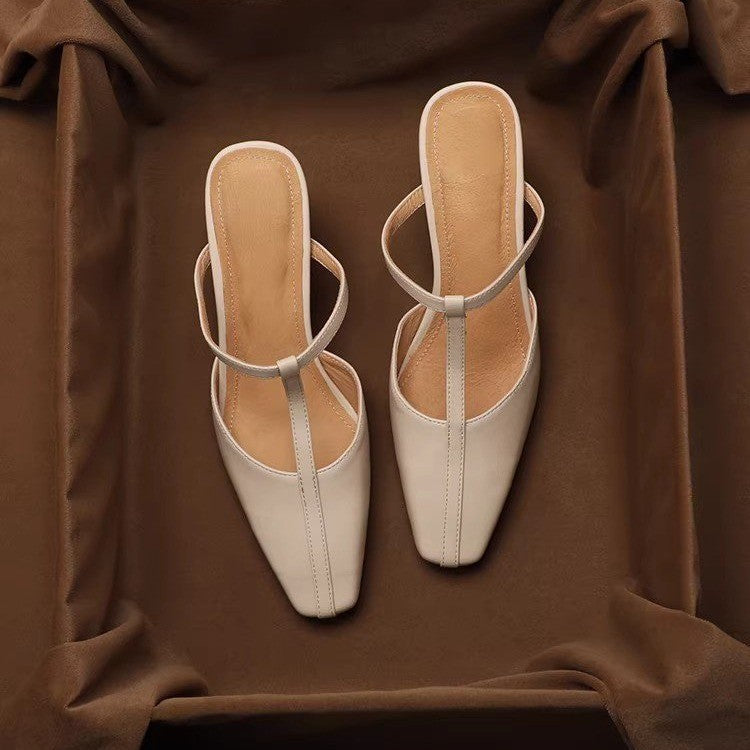 French Vintage Square Toe Block Heel Mule Sandals 2026 Summer New Outdoor High Heel T-Strap Sandals