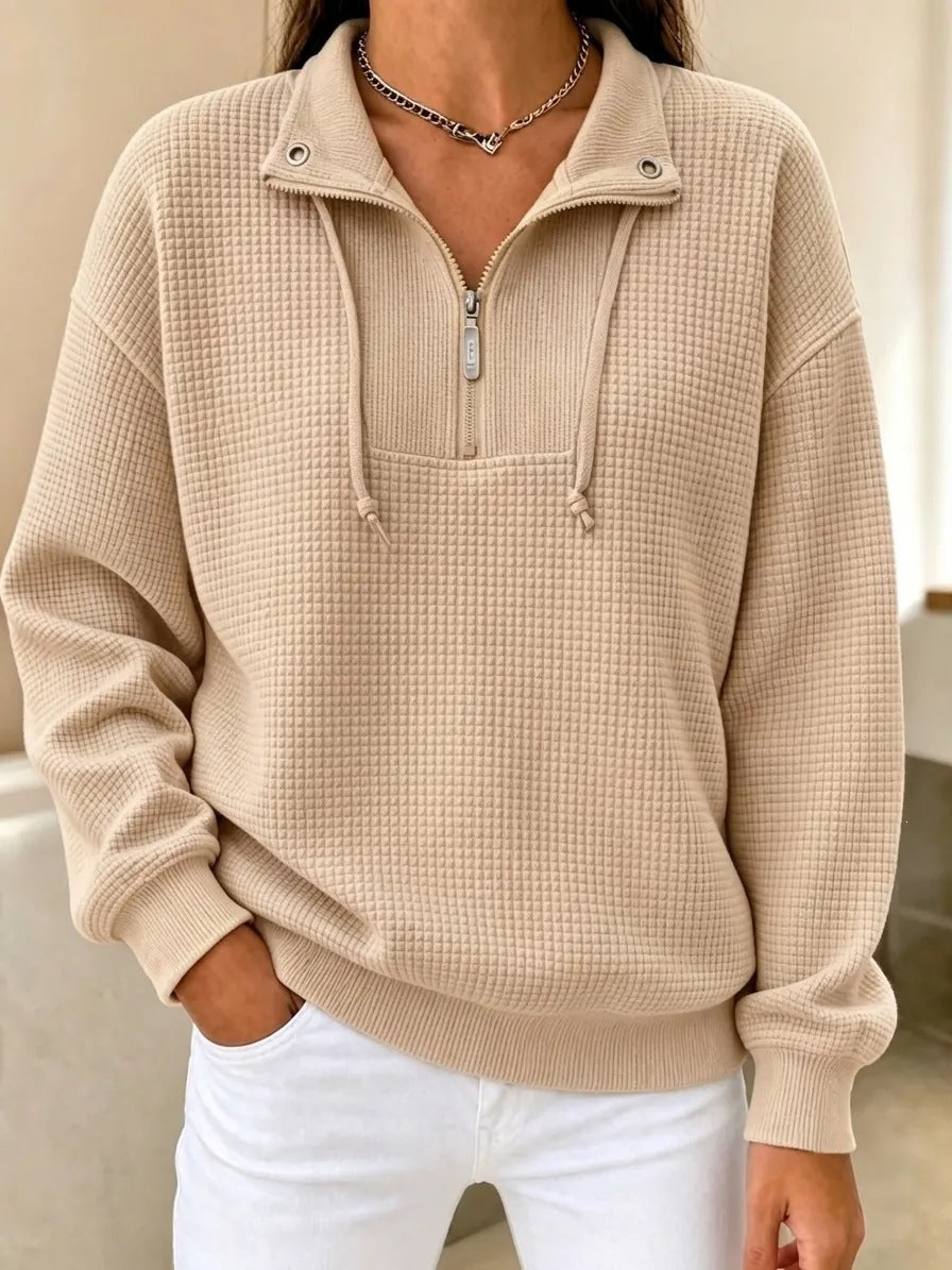 Autumn Solid-Color Stand-Neck Zippered Long-Sleeve Patchwork Womens Sweatshirt
