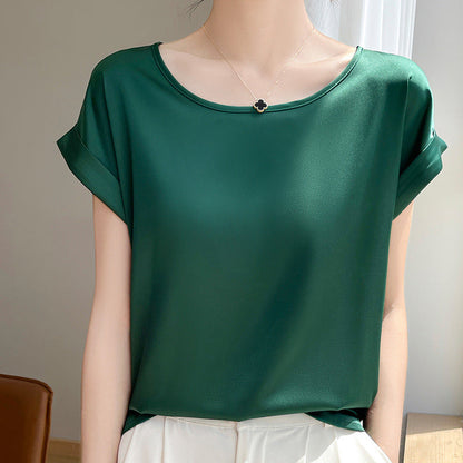 French-style Minimalist Chic Round-neck Short-sleeve Blouse For Women