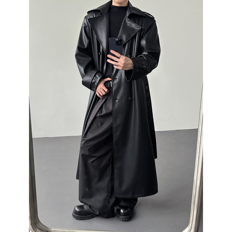 Men's Double-Breasted Leather Long Trench Coat