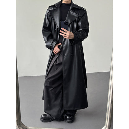 Men's Double-Breasted Leather Long Trench Coat