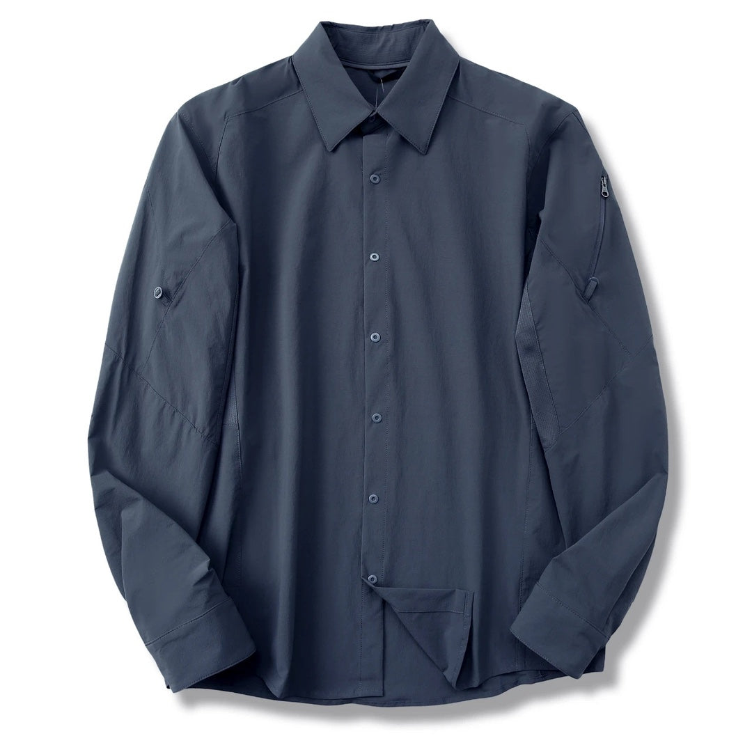 Men Technical Outdoor Quick Dry Long Sleeve Shirt Ventilated Underarm Mesh Zipper Sleeve Pocket Convertible Sleeve Travel Trekking Casual Shirt