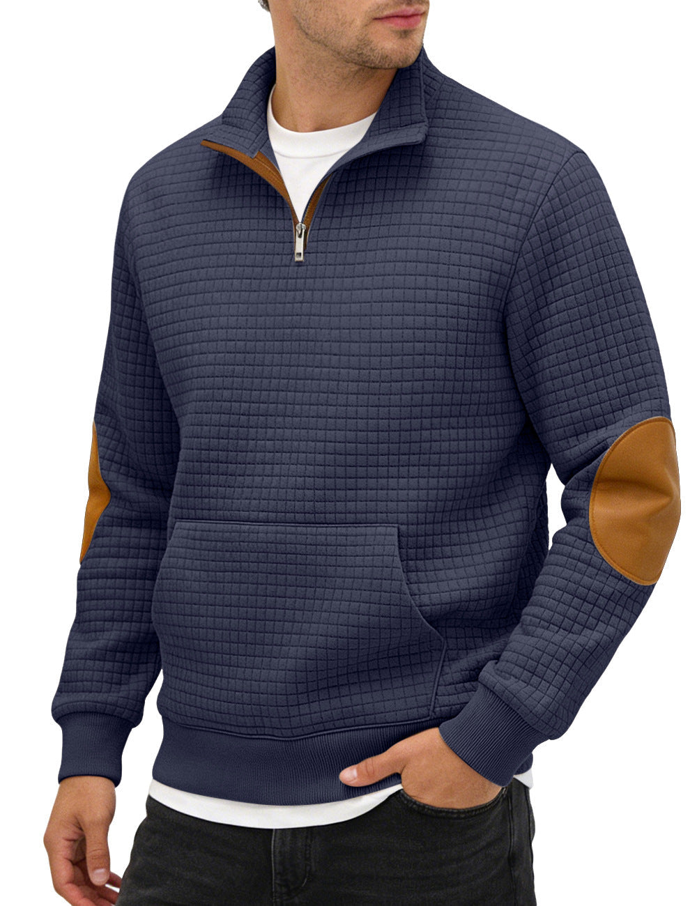 Cross-border Amazon Men's Autumn & Winter Half-Zip Suede Jacquard Small Check Long-Sleeve Stand Collar Casual Sweatshirt