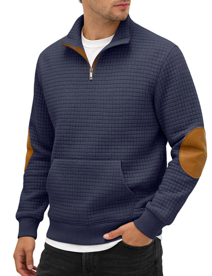 Cross-border Amazon Men's Autumn & Winter Half-Zip Suede Jacquard Small Check Long-Sleeve Stand Collar Casual Sweatshirt