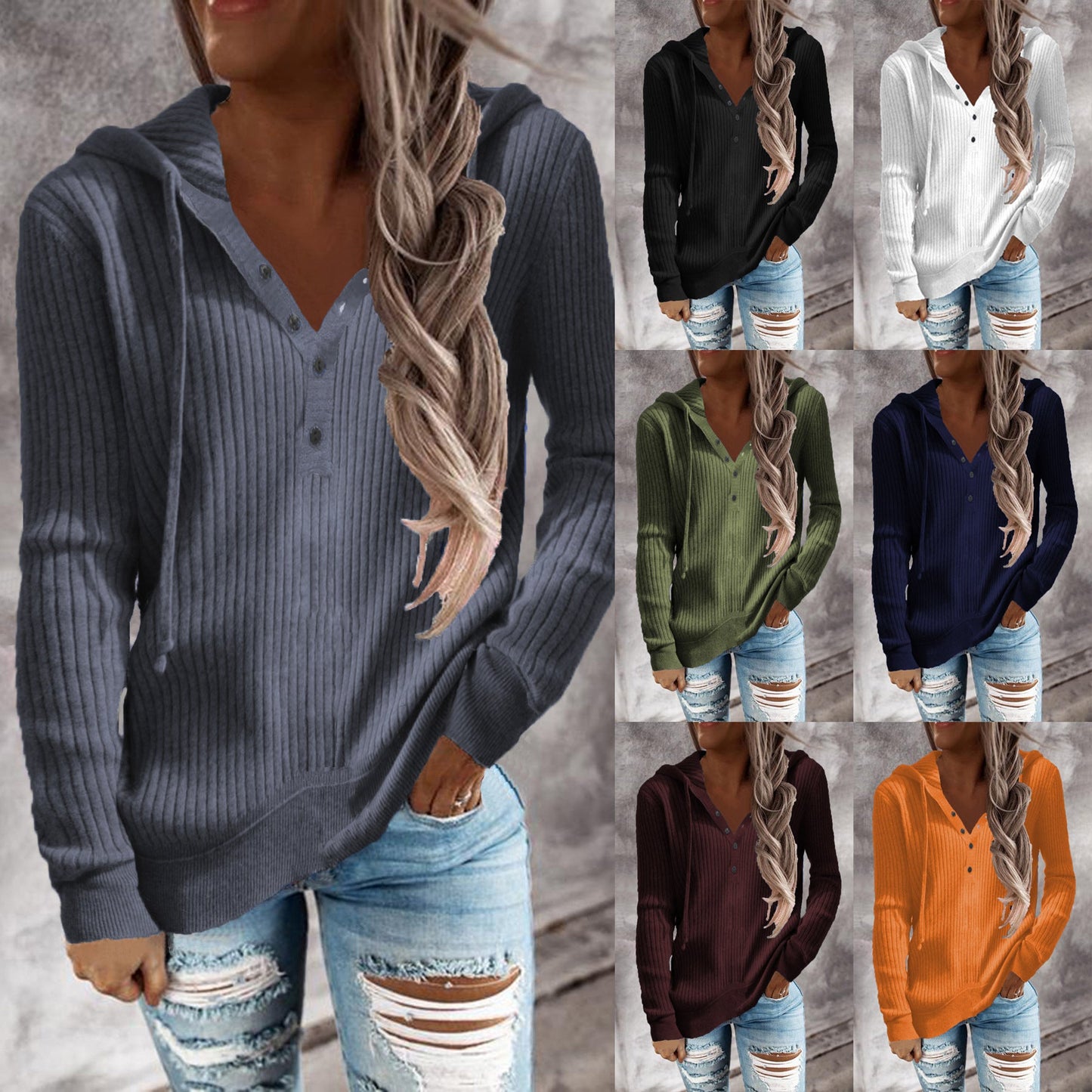 Women Ribbed Knit Hoodie Top Henley Half Button Drawstring Long Sleeve Casual Pullover Blouse
