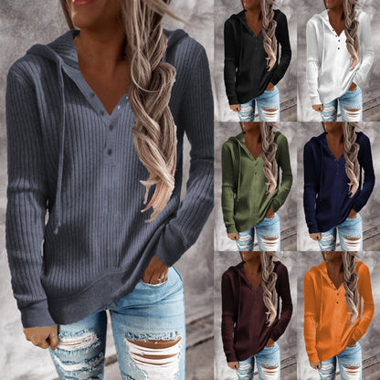 Women Ribbed Knit Hoodie Top Henley Half Button Drawstring Long Sleeve Casual Pullover Blouse