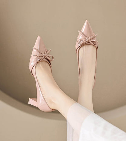 Pointed Toe Patent Leather French Bow High Heels For Women, New Spring Elegant Commuter Block Heel Shallow Mouth Fashion Pumps