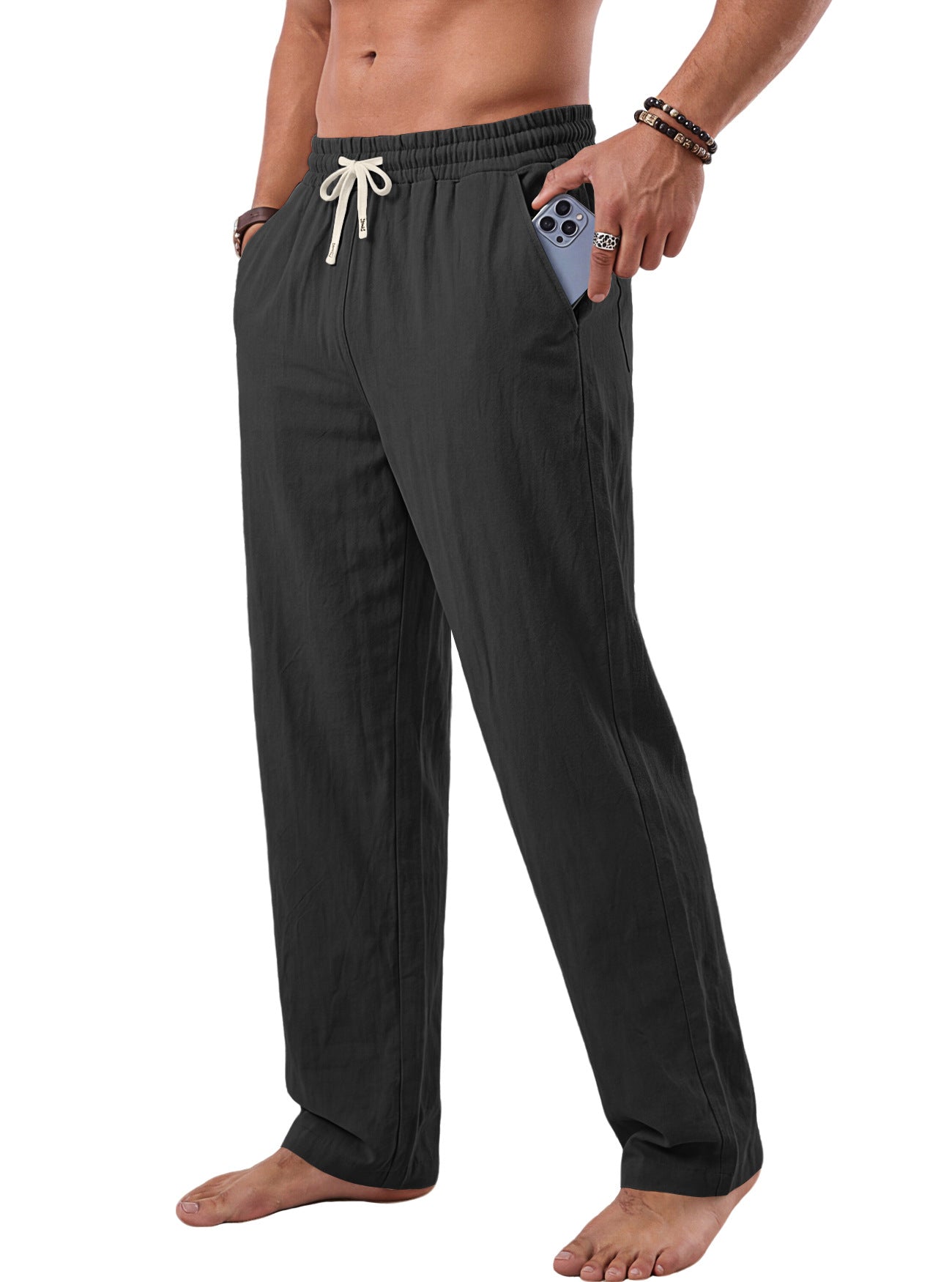 Men's American Style Washed Crinkled Linen Cotton Trousers, US Size, Summer Vacation Outdoor Beach Straight-Leg Pants For AliExpress