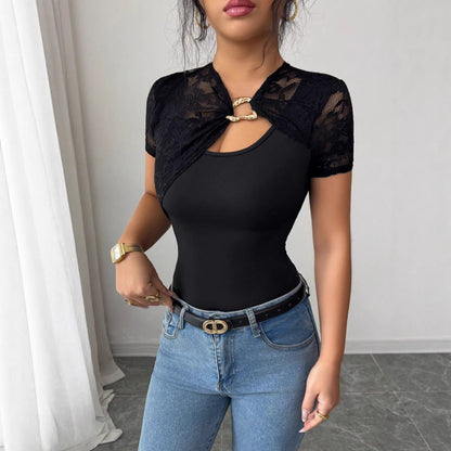 Womens Lace-panelled Hollow-out Short-sleeve Top With Metal Buckles