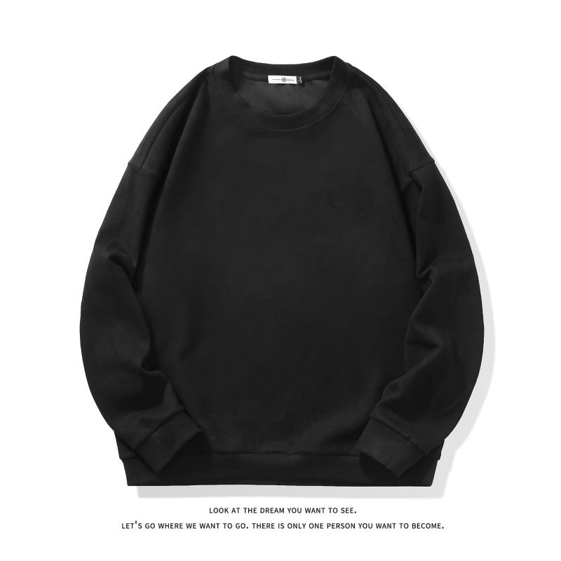 Mens Simple Suede-Brushed Pullover Crewneck Long-Sleeve Sweatshirt