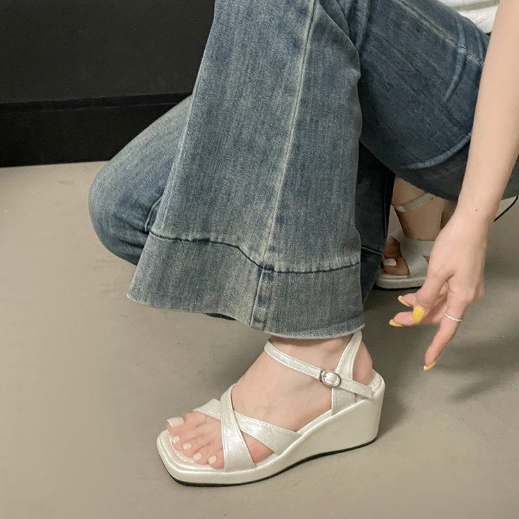 Women's Fashion Square Toe Satin Pattern Sandals, 2026 Summer Korean Style Wedge Thick Sole Slip-On Heightening Shoes For Petites