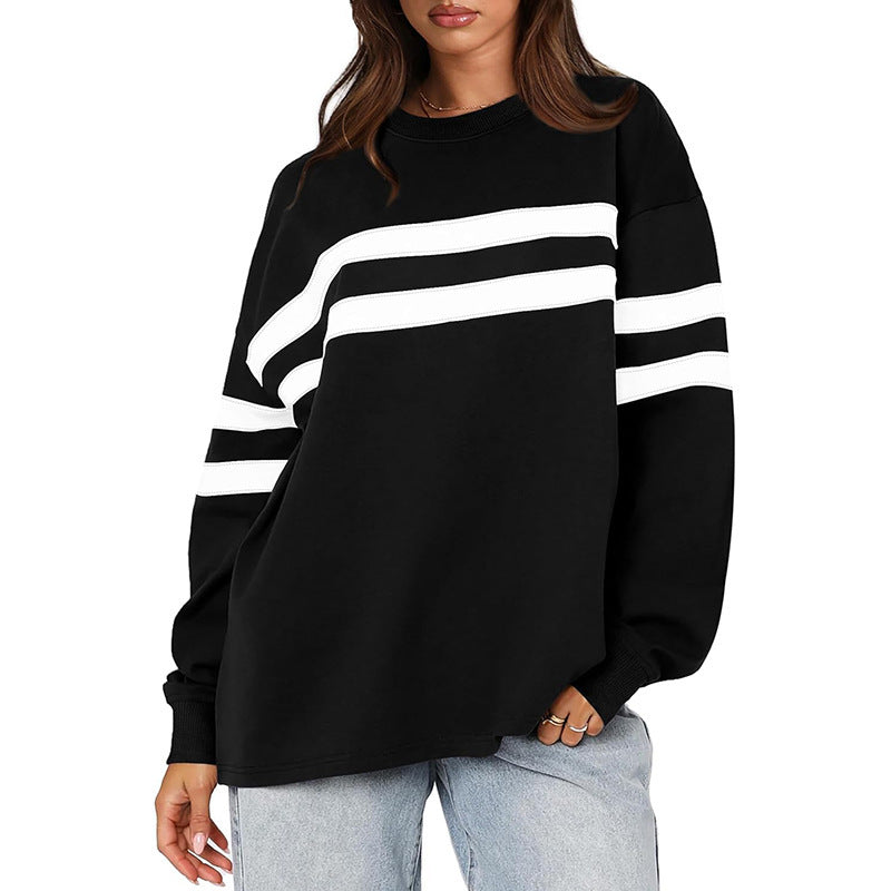 Fashionable Womens Fallwinter Casual Patchwork Striped Sweatshirt