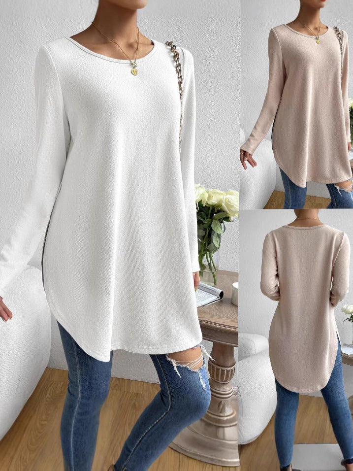 Hot-Selling Women's Autumn And Winter Casual Pure Color Round Neck Long-Sleeved T-Shirt With Slits On Both Sides