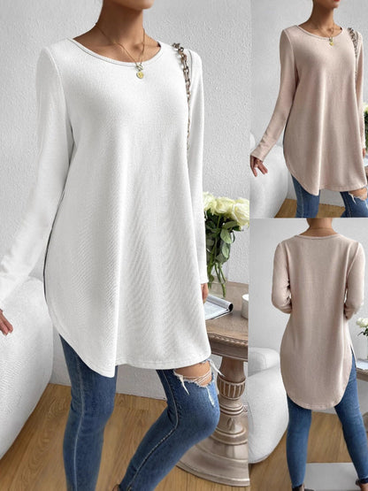 Hot-Selling Women's Autumn And Winter Casual Pure Color Round Neck Long-Sleeved T-Shirt With Slits On Both Sides