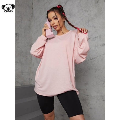 Womens Loose-Fit Solid-Color Plus-Size Long-Sleeve T-Shirt