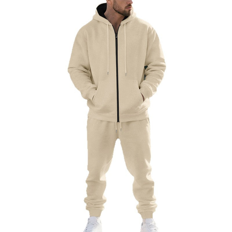 Mens Solid-Color Cardigan Zip-Up Long-Sleeve Sports Suit