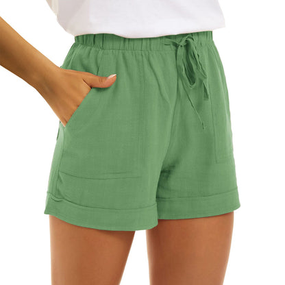 Cross-border Hot Sale Ladies Solid Color Cotton Linen Pocket Strap High Waist Casual Shorts