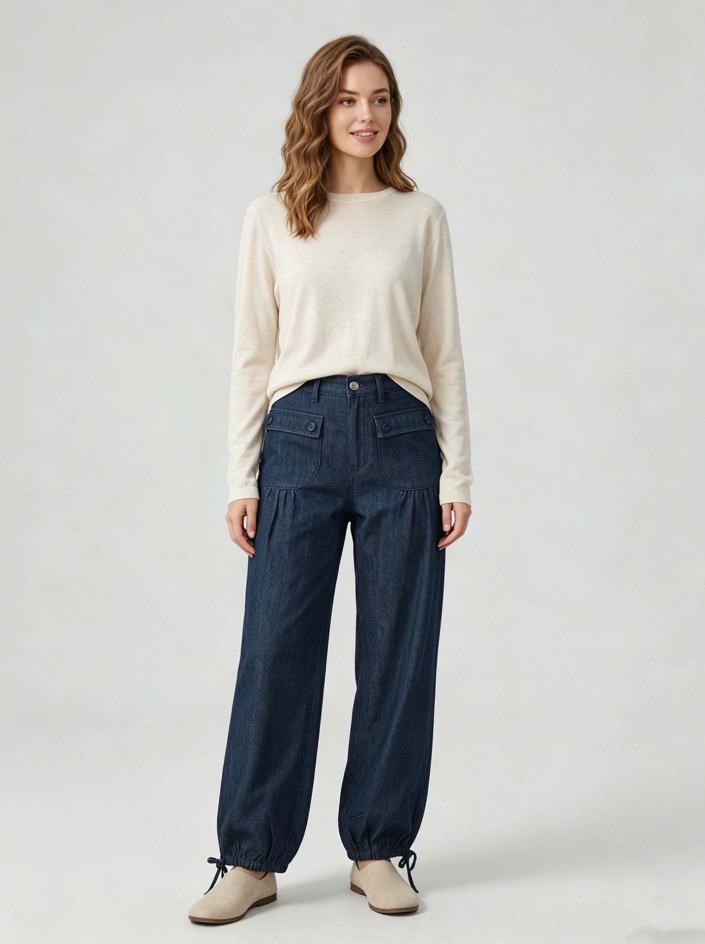 Loose-fit Womens Wide-leg Denim Jeans With Pockets And Ruffled Hems