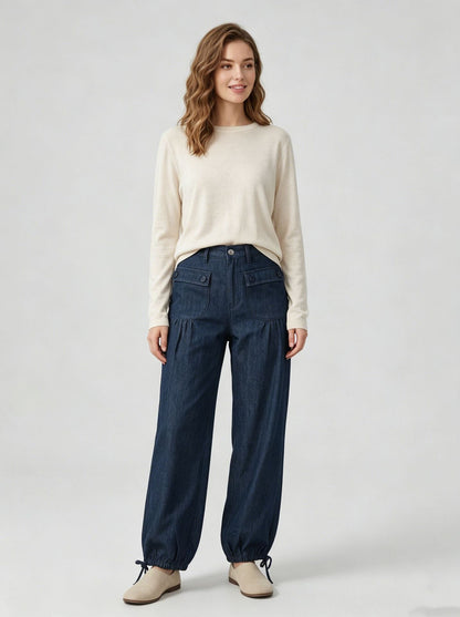 Loose-fit Womens Wide-leg Denim Jeans With Pockets And Ruffled Hems