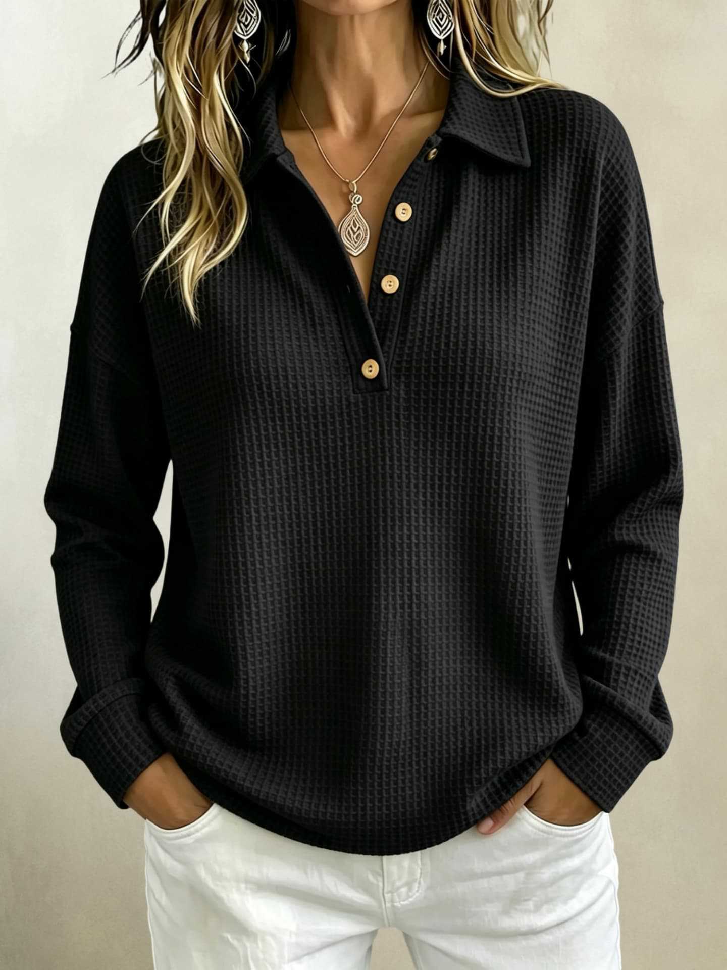 Womens Loose-fitting Long-sleeve Top With A Button-down Collar