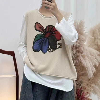 Womens Floral-Print Crew-Neck Loose-Fit Vintage Knitted Vest