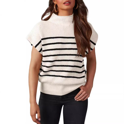 2024 Amazon European And American Women's Sweater Cap Sleeve Small Turtleneck TEUM Loose Rib Knitted Pullover Striped Top