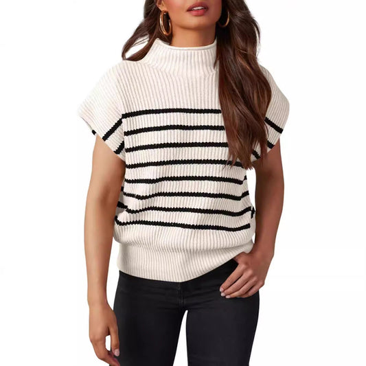 2024 Amazon European And American Women's Sweater Cap Sleeve Small Turtleneck TEUM Loose Rib Knitted Pullover Striped Top