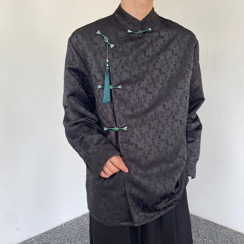 Satin Jacquard Stand-up Collar Long-sleeved Shirt
