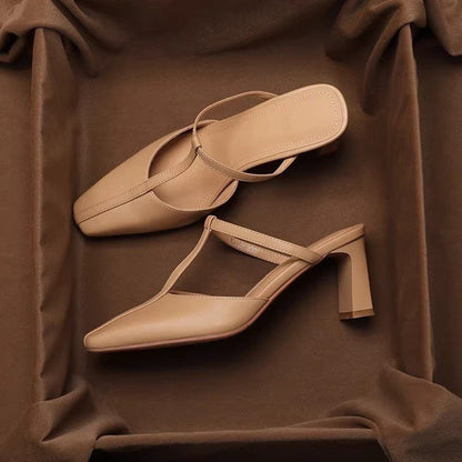 French Vintage Square Toe Block Heel Mule Sandals 2026 Summer New Outdoor High Heel T-Strap Sandals