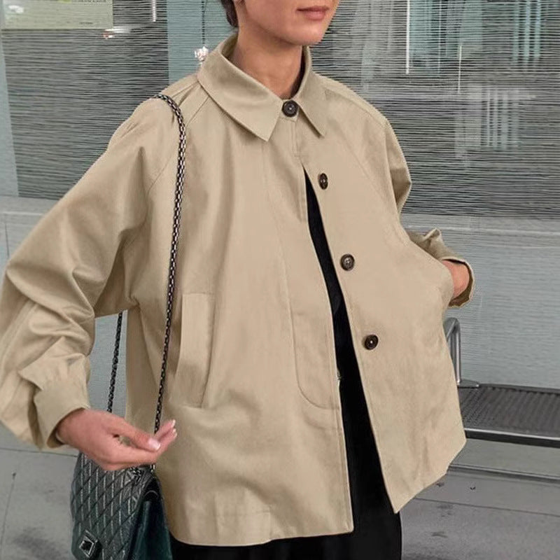 French-style Khaki Workwear Trench Coat Loose-fitting Mid-length