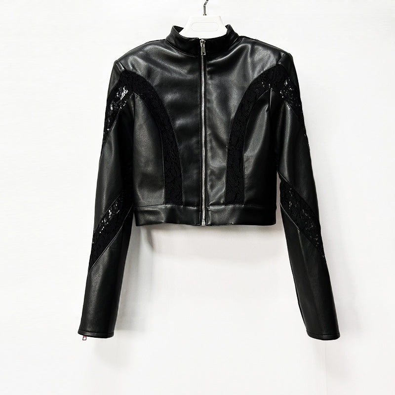 Faux Leather Lace Patchwork Cropped Jacket