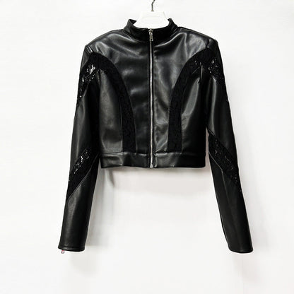 Faux Leather Lace Patchwork Cropped Jacket