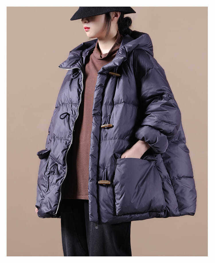 Plus-size Womens Retro Horn-button Hooded Down Coat