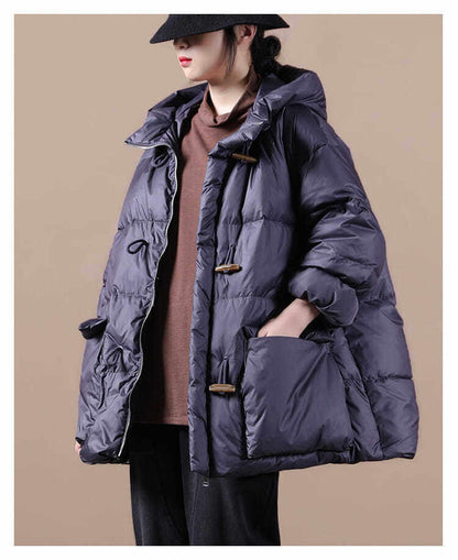 Plus-size Womens Retro Horn-button Hooded Down Coat