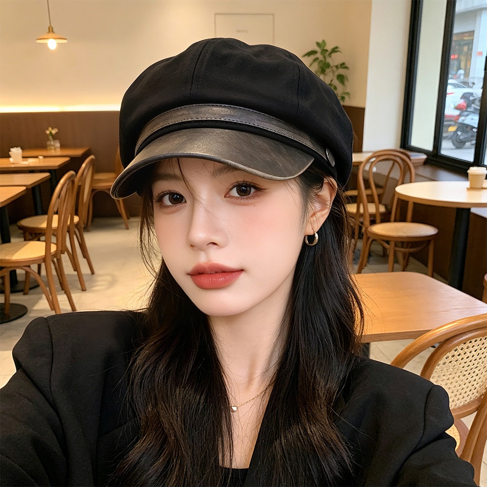 Winter Spring Vintage Ruffled Octagonal Newsboy Hat With Leather Buckle, Soft Top And Curved Brim, Fashionable British Style Beret