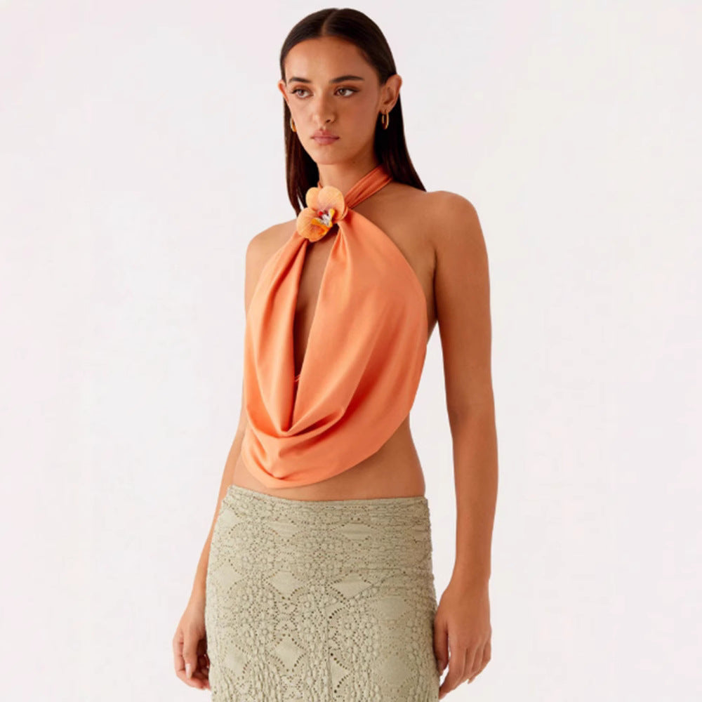 Sleeveless Backless Halter-Neck Lace-Up Deep-V Camisole Top For Women
