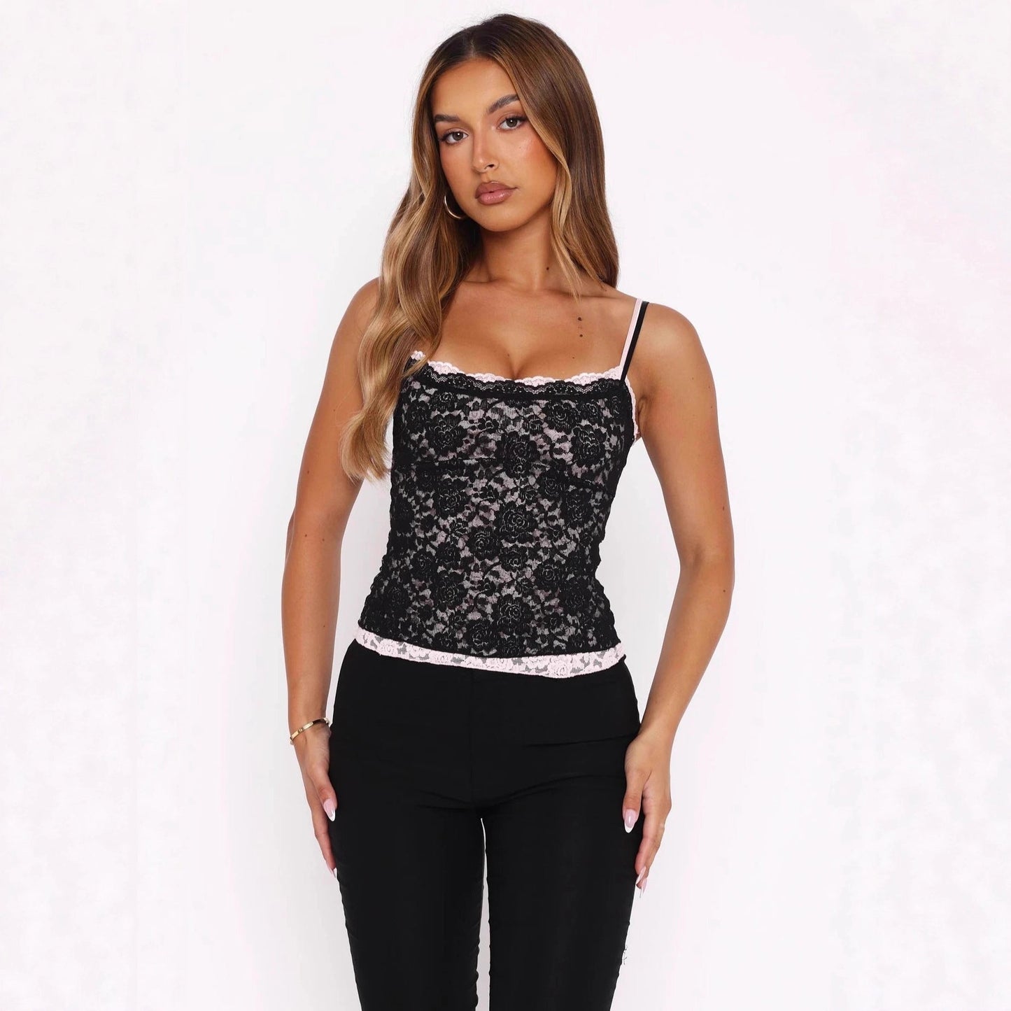 Womens Two-Color Lace Jacquard Camisole Sexy Chic Top