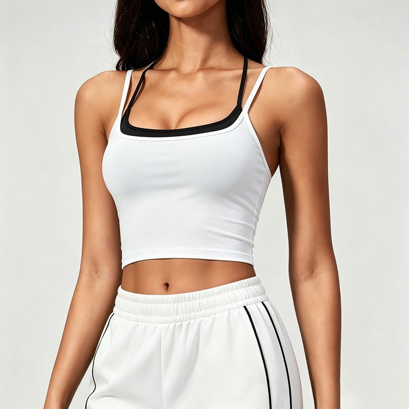 Color Block Sports Bra Halterneck Two Piece Faux Tank Top For Women