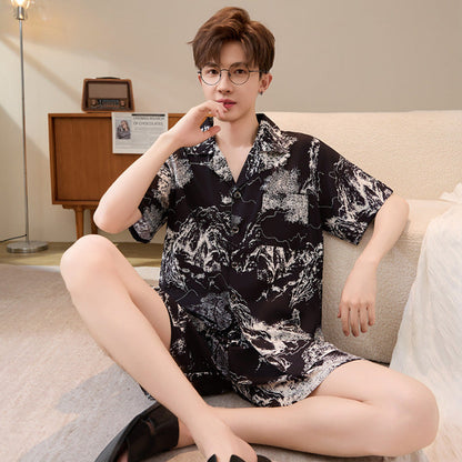 Mens Summer Cardigan Ice-silk Short-sleeve Top And Shorts