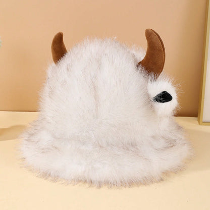 Halloween Cute Cowhorn-shaped Small-ear Plush Fisherman Hat With Stars - Versatile And Thick Outdoor Warm Fleece Hat