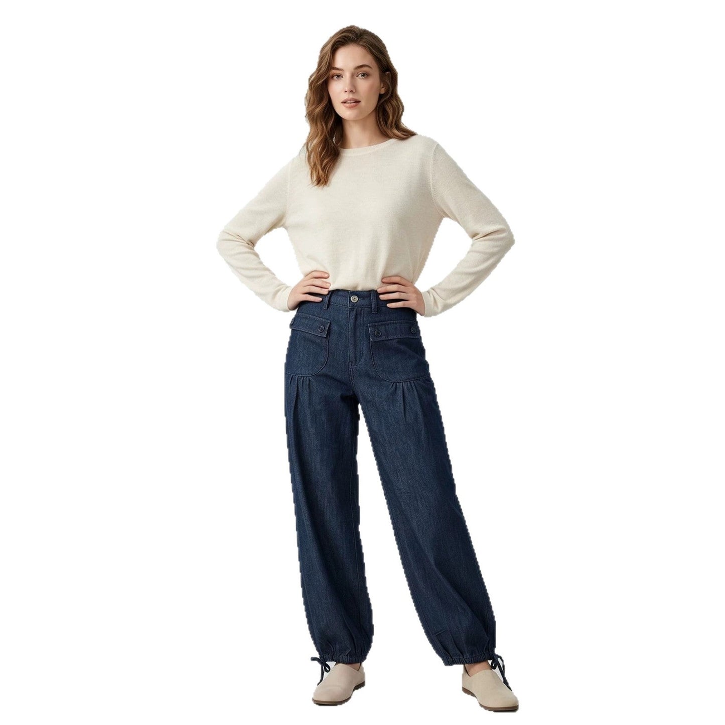 Loose-fit Womens Wide-leg Denim Jeans With Pockets And Ruffled Hems
