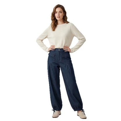 Loose-fit Womens Wide-leg Denim Jeans With Pockets And Ruffled Hems