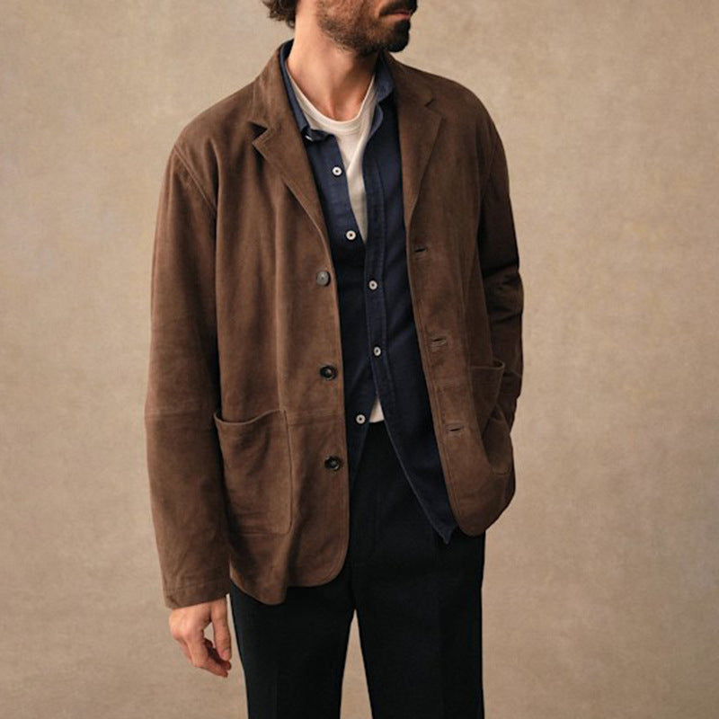 Mens Suede-Lined Lapel Vintage Casual Jacket Coat
