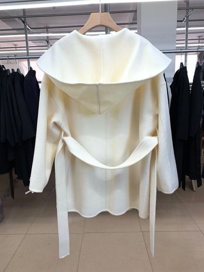 Womens Hooded Loose-fit Double-faced Cashmere Coat