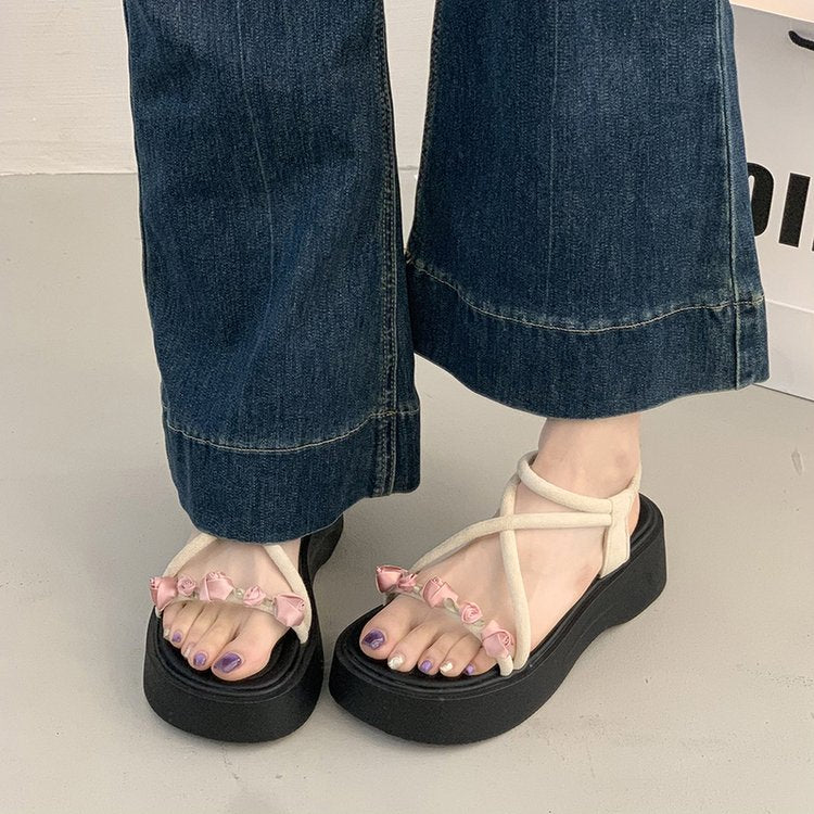 Platform Roman Sandals For Women, 2026 New Spring Summer French Style Floral Beach Shoes Matching Dresses