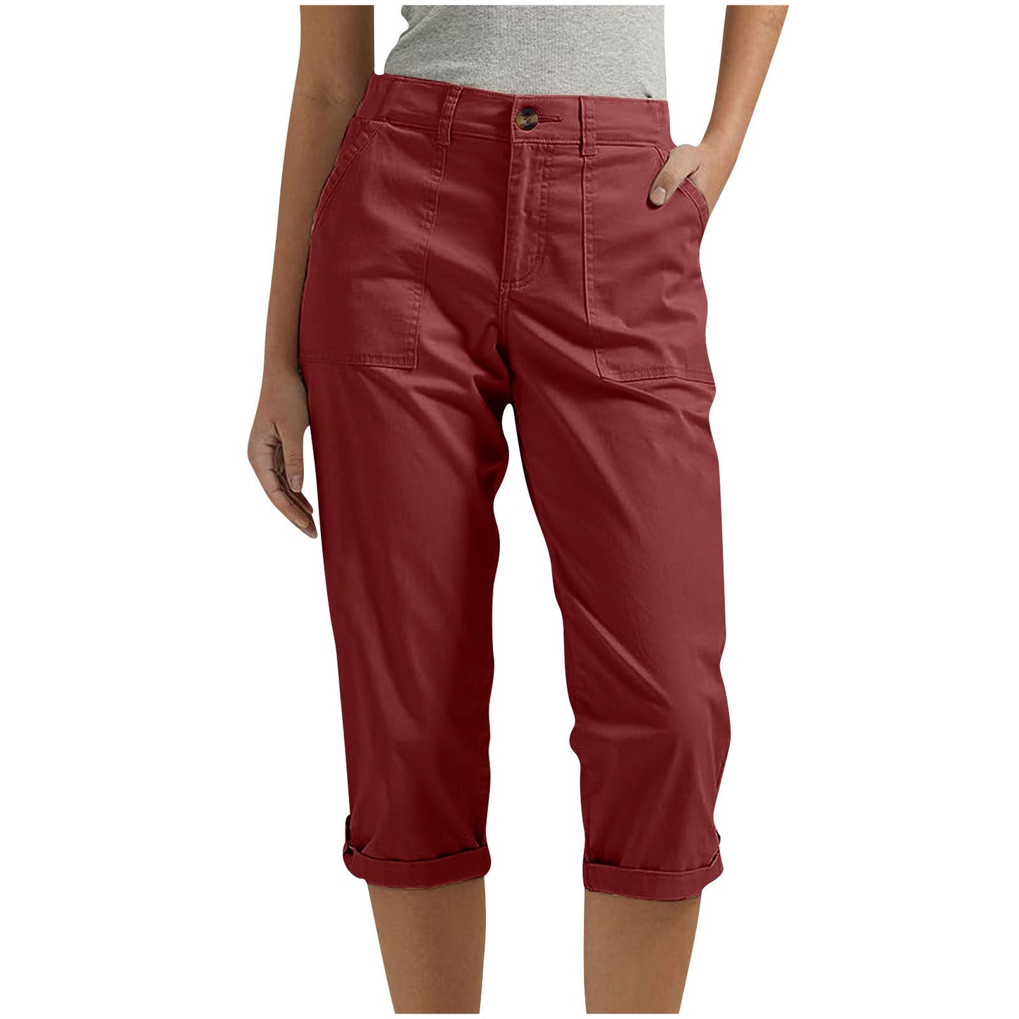 Womens Solid-color Buttoned Roll-up Capri Pants