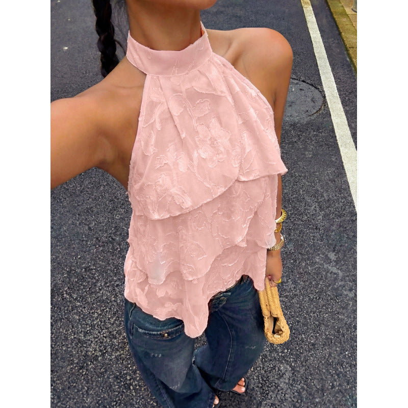 Elegant Solid-color Halter Top With Ruffled Trim For Women