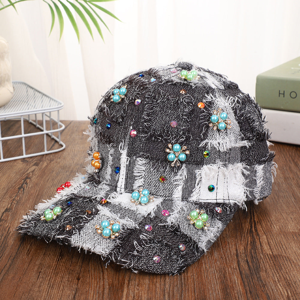 Korean-style Multi-color Fringed Checkered Baseball Cap With Rhinestones And Pearl Flowers, Casual Curved Brim Fedora Hat